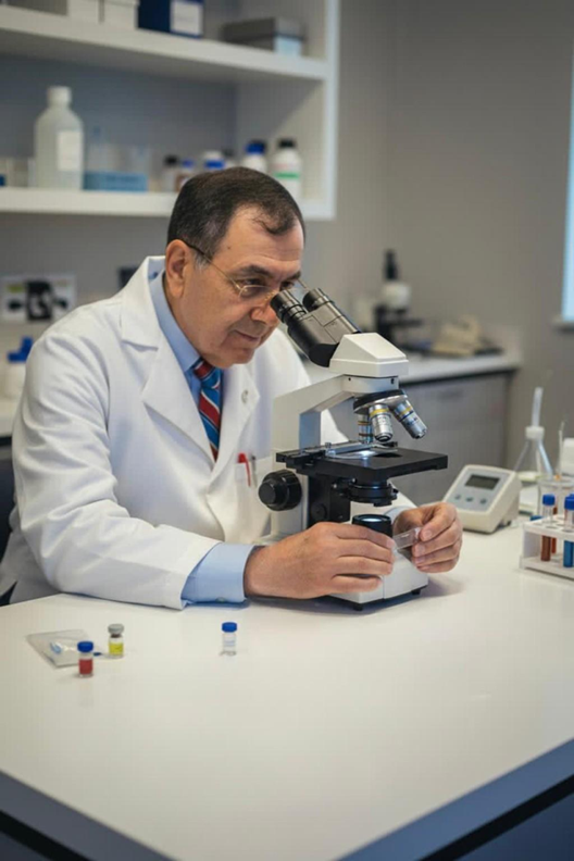 Dr. Panos Zavos at work in a clinical laboratory setting.