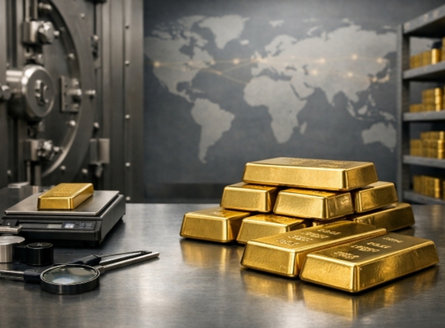 Gold bars in a secure vault with a global map in the background