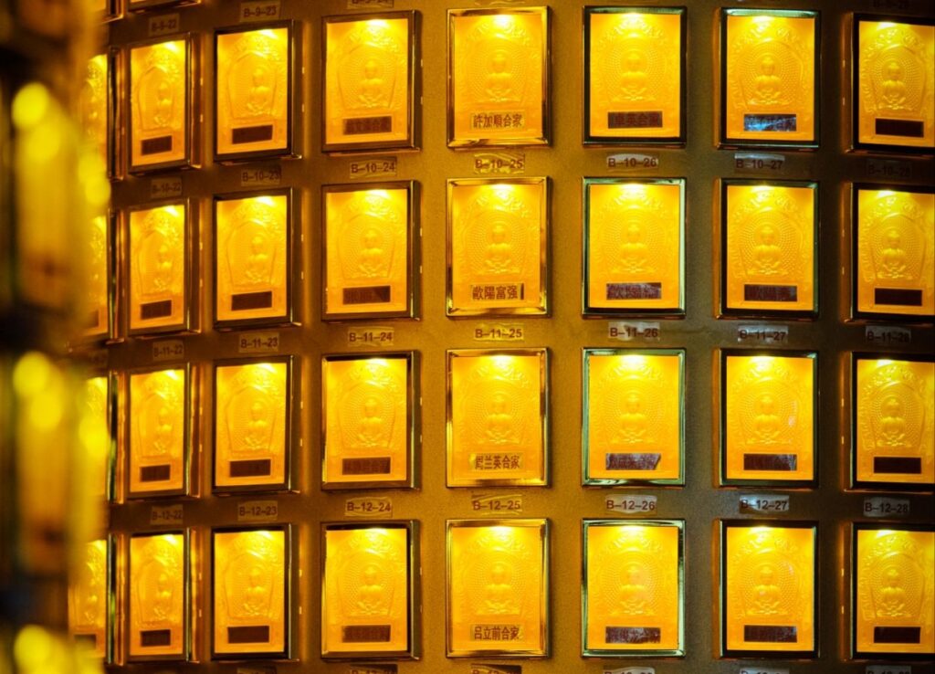Rows of individually stored gold pieces in a secure display