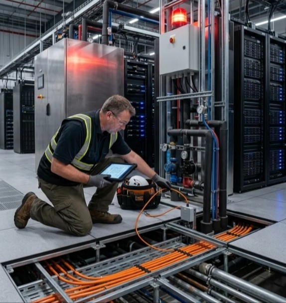 Technician inspecting data centre cooling equipment